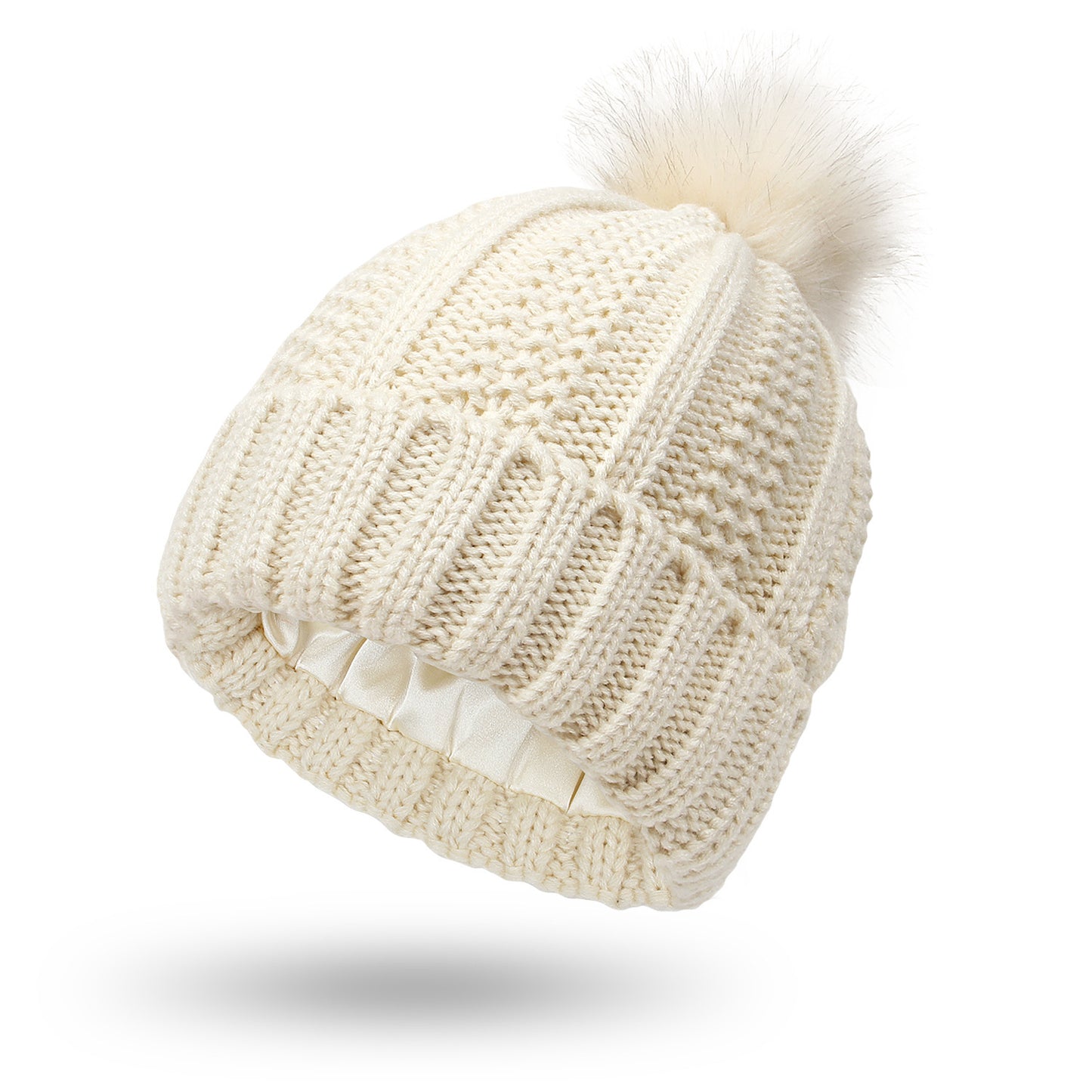 Bonnet Femme Hiver Doublé Satin avec Pompon