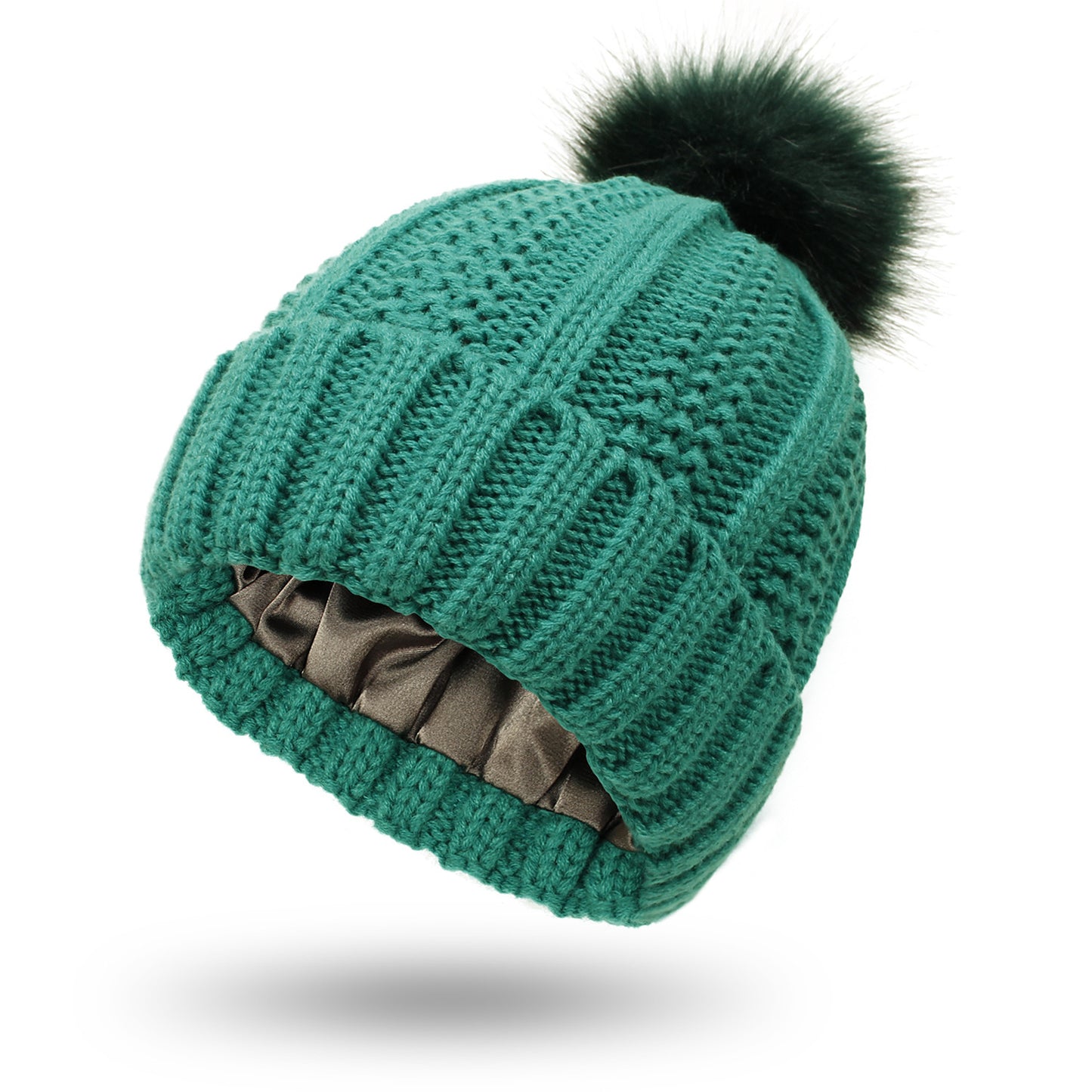 Bonnet Femme Hiver Doublé Satin avec Pompon