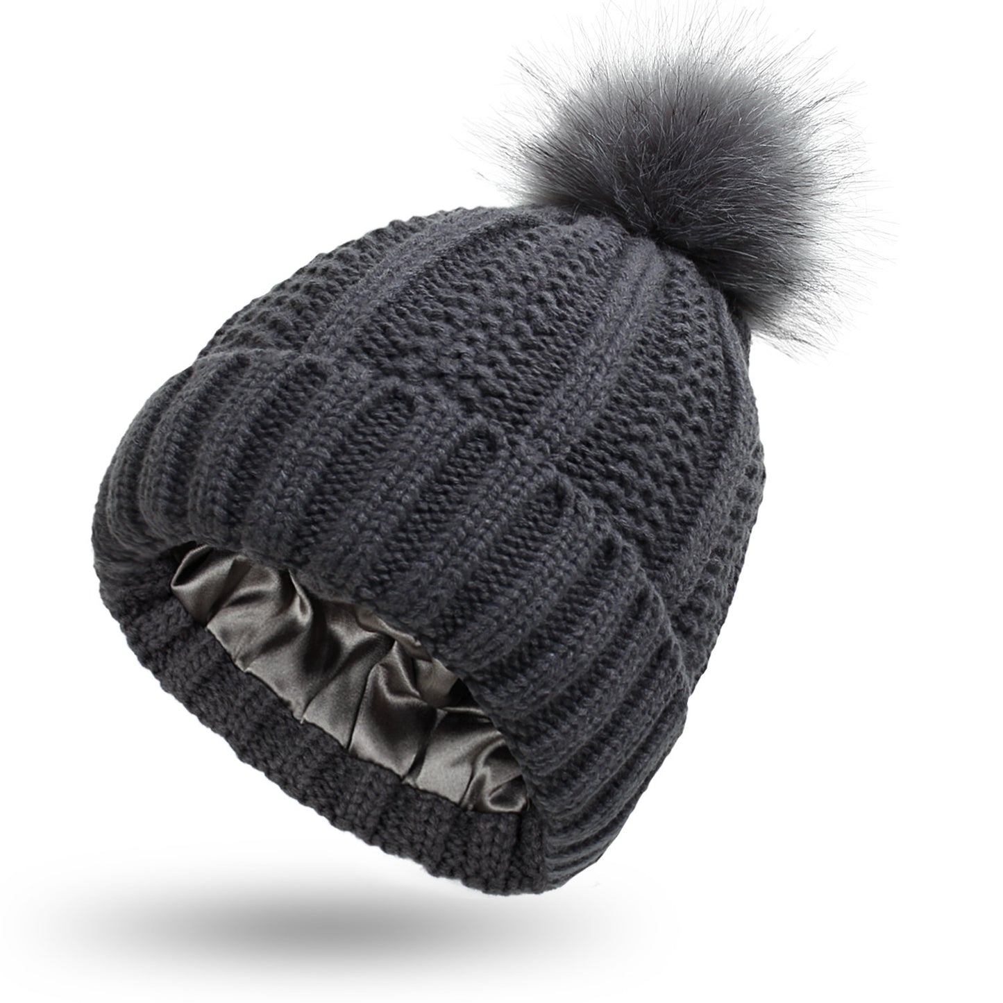 Bonnet Femme Hiver Doublé Satin avec Pompon