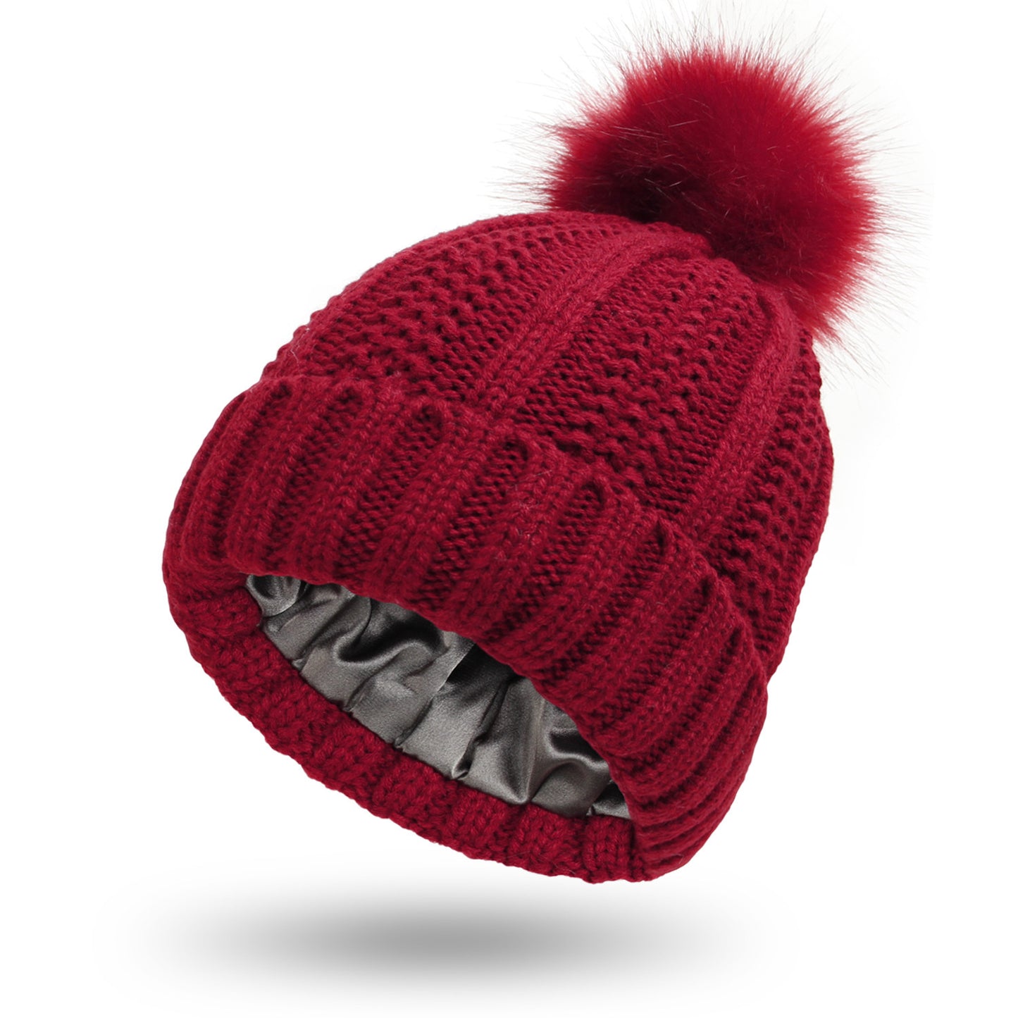 Bonnet Femme Hiver Doublé Satin avec Pompon