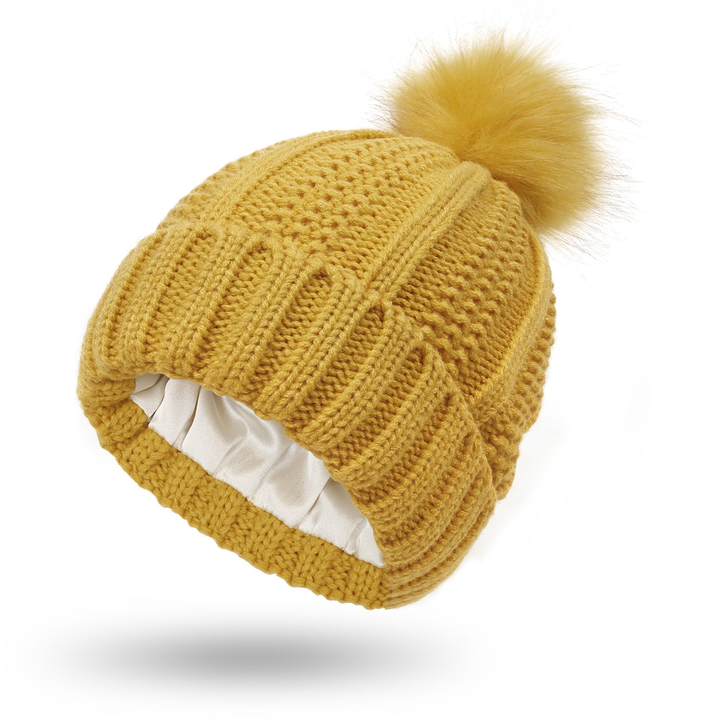 Bonnet Femme Hiver Doublé Satin avec Pompon