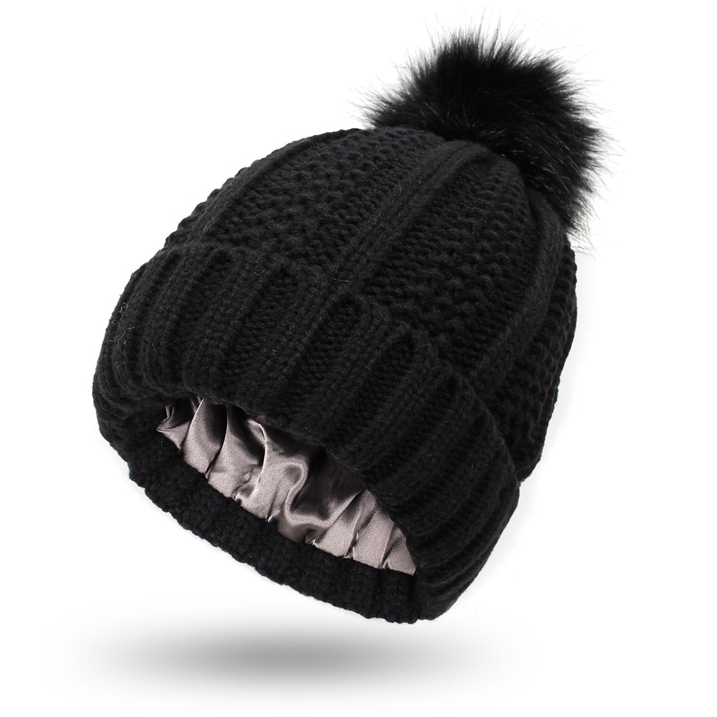Bonnet Femme Hiver Doublé Satin avec Pompon