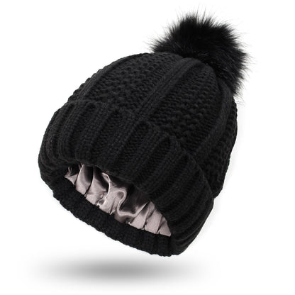 Bonnet Femme Hiver Doublé Satin avec Pompon
